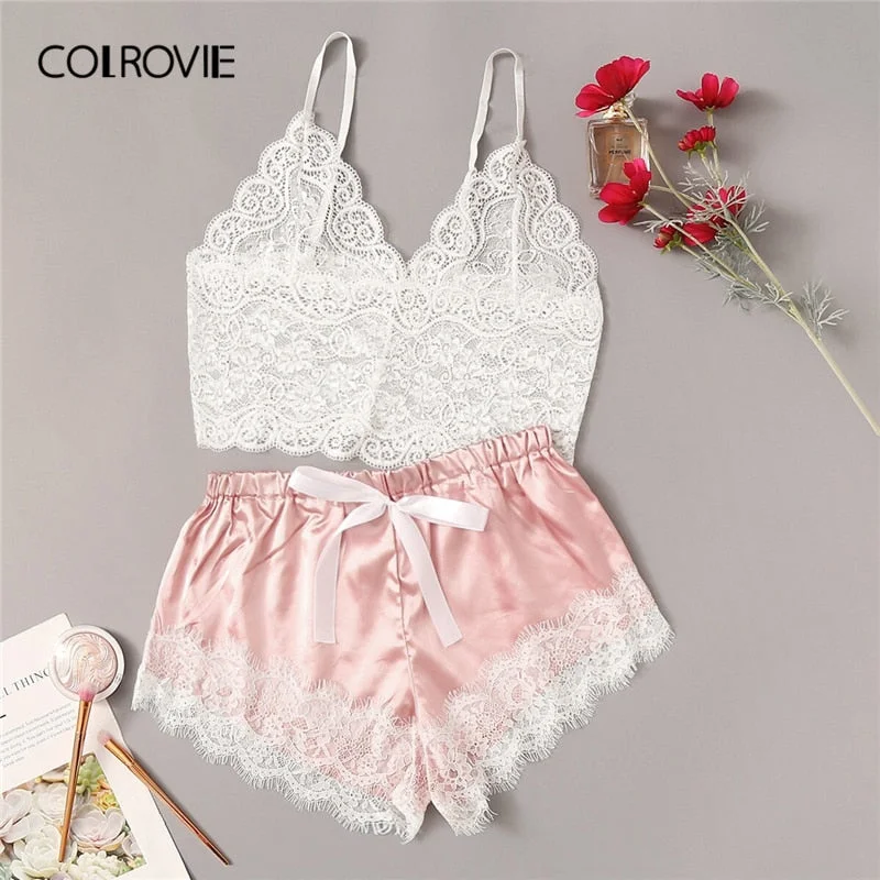 sexy lingerie for women with small bustsCOLROVIE Floral Lace Cami Top With Satin Shorts Lingerie Set Women 2019 Summer Sexy Sets Ladies Bra And Panty Underwear Set