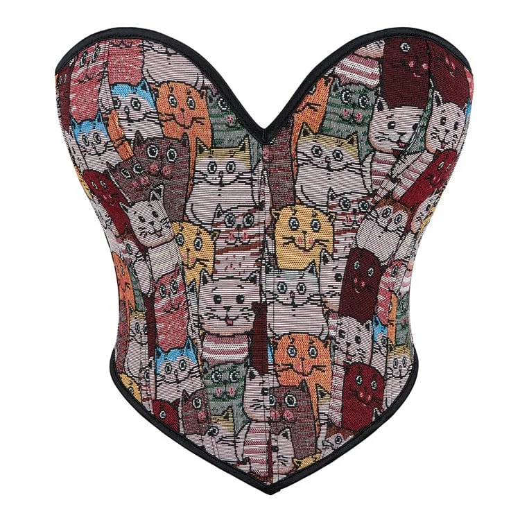 leather women bustiers and corsetsWomen's Grunge Colourful Cat Embroidered Overbust Corset