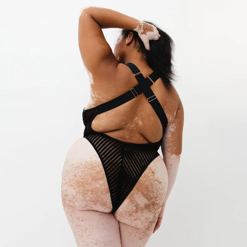 Convertible Straps Bodysuits for Multiple Styling OptionsMonique Morin Vertigo X Mesh Bodysuit in Black