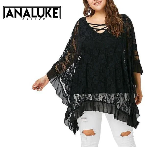 women sexy dresses with ruffled sleevesBlack Floral Lace Batwing Blouse