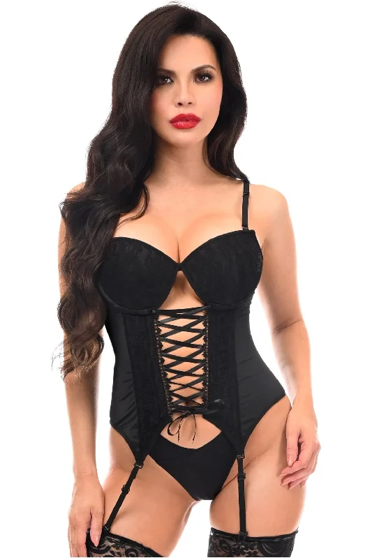 plus size women bustiers and corsetsLavish Black Lycra & Lace Hook & Eye Lace-Up Bustier Corset w/Garters