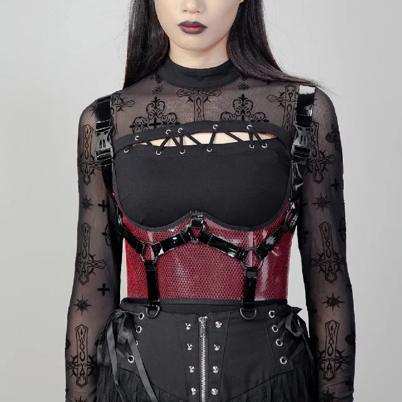 lace detailed women bustiers and corsetsWomen's Punk Buckles Mesh Underbust Corset Red