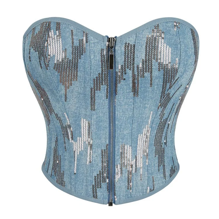 designer women bustiers and corsets collectionsWomen's Grunge Sequin Zipper Denim Overbust Corset