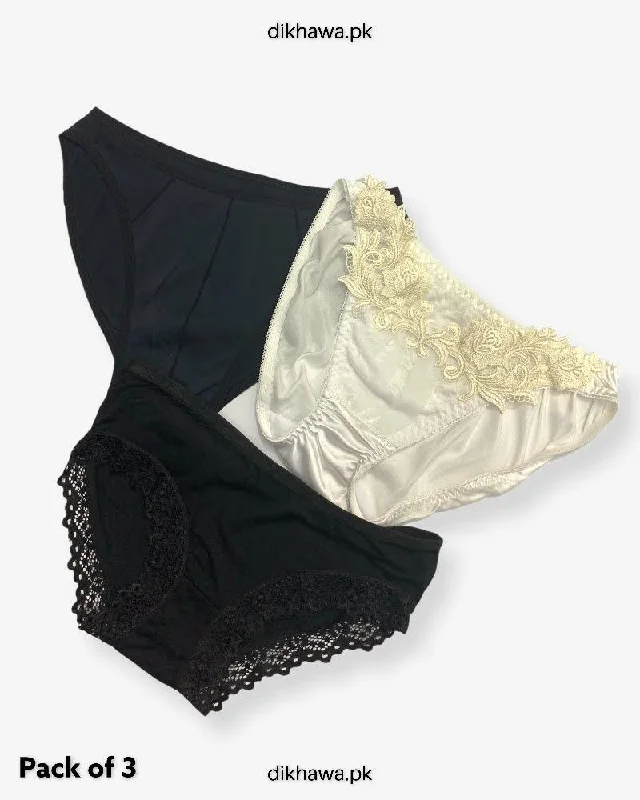 seamless plus size panties for women with comfortPack of 3 Imported Stocklot Branded Net Panty With Silk Mid Waist Hipster Panty With Lace Panty