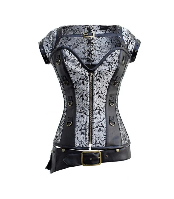 designer women bustiers and corsets collectionsSilver Brocade & Black Faux Leather Gothic Overbust Corset