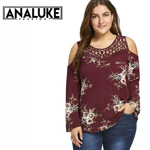 plus size women sexy dresses with empire waistsCold Shoulder Floral Blouse Shirt