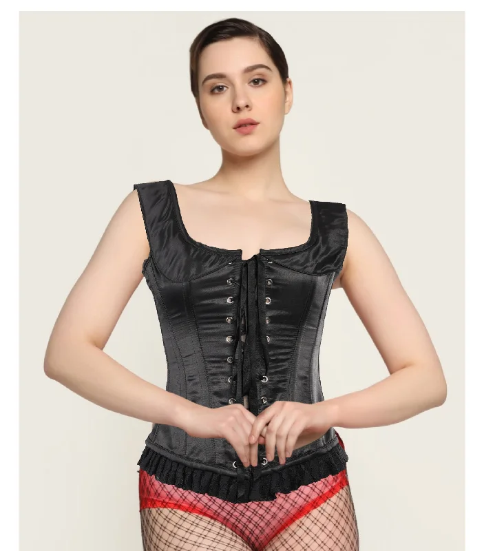 low - cut women bustiers and corsetsRoyal Black Satin Corset -  Wholesale