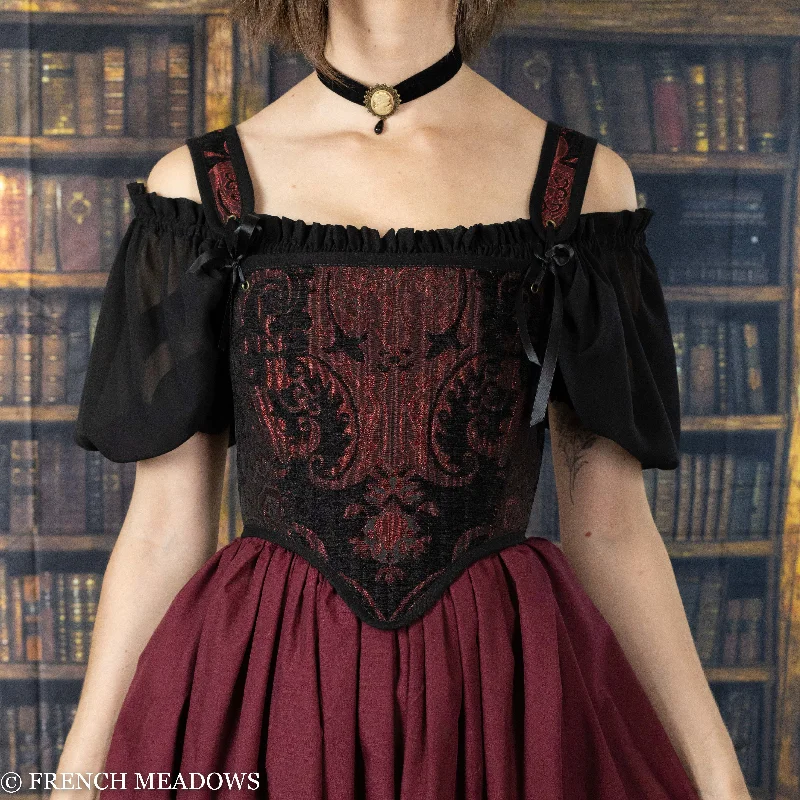 satin fabric women bustiers and corsetsHandmade Black and Red Brocade Tudor Stays