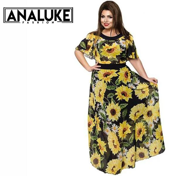 women sexy dresses made of stretchy fabricPlus size maxi dress  sunflower motifs