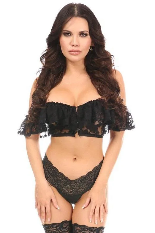 adjustable women bustiers and corsets fitLavish Black Sheer Lace Off-The-Shoulder Underwire Short Bustier