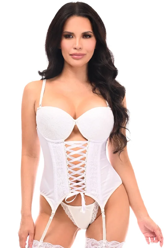 mesh women bustiers and corsetsLavish White Lycra & Lace Hook & Eye Lace-Up Bustier Corset w/Garters