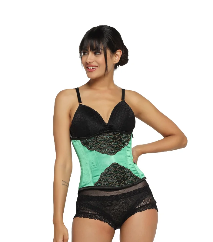 bridal women bustiers and corsetsSatin Green Black Embroidered Fish Scale Waist Reducing  Underbust Corset