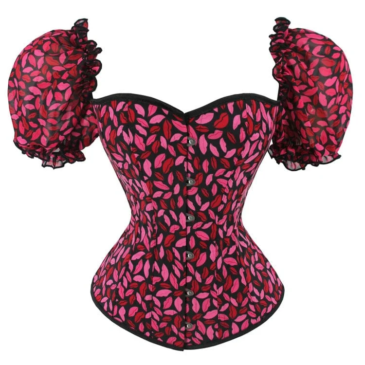 post - pregnancy women bustiers and corsetsWomen's Gothic Puff Sleeved Lips Printed Overbust Corset