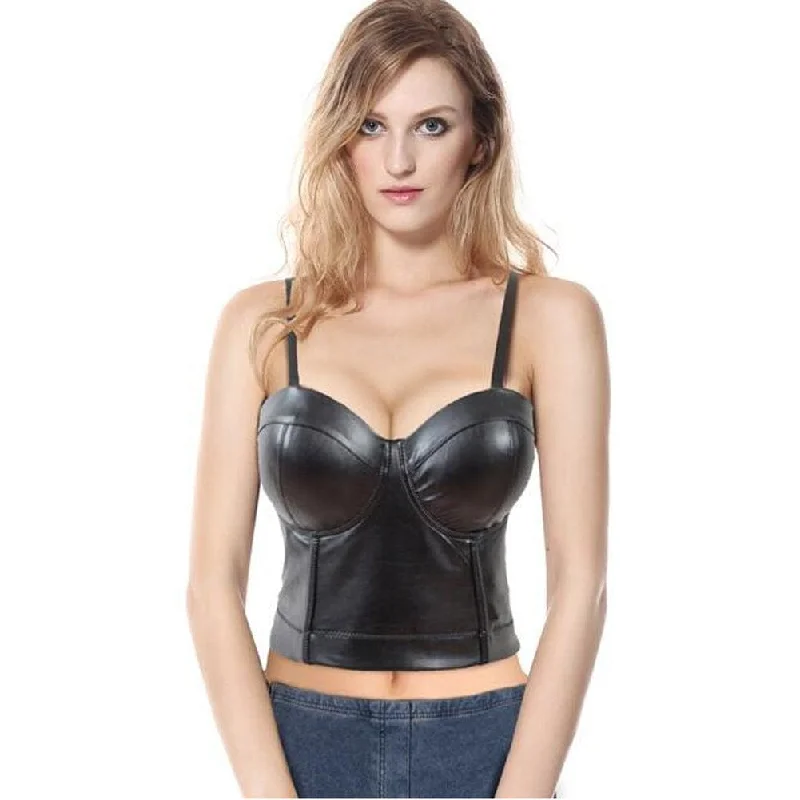 machine made women bustiers and corsetsWomen's Spaghetti Straps Faux Leather Bustier Crop Top