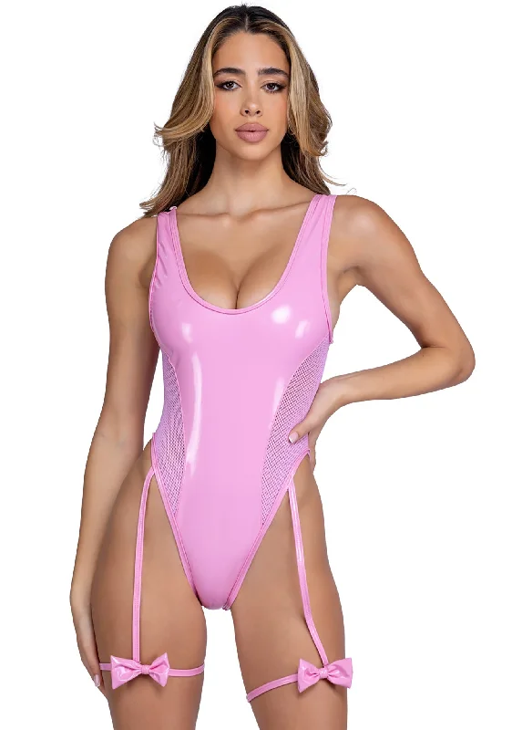 Long - Sleeve Bodysuits for Cold Weather LayeringSweet Affair Pink Vinyl Fishnet Bodysuit