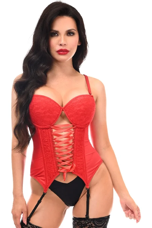 breathable women bustiers and corsets materialsLavish Red Lycra & Lace Hook & Eye Lace-Up Bustier Corset w/Garters