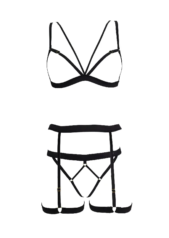 strapless women garters stylesLINES Bra, Thong & Suspender Set (Black)