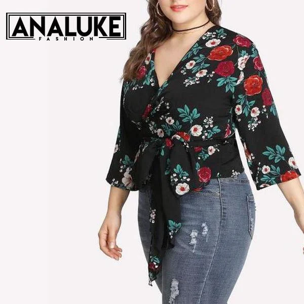 women sexy dresses with cut - out backsPlus Size Black Floral Blouse