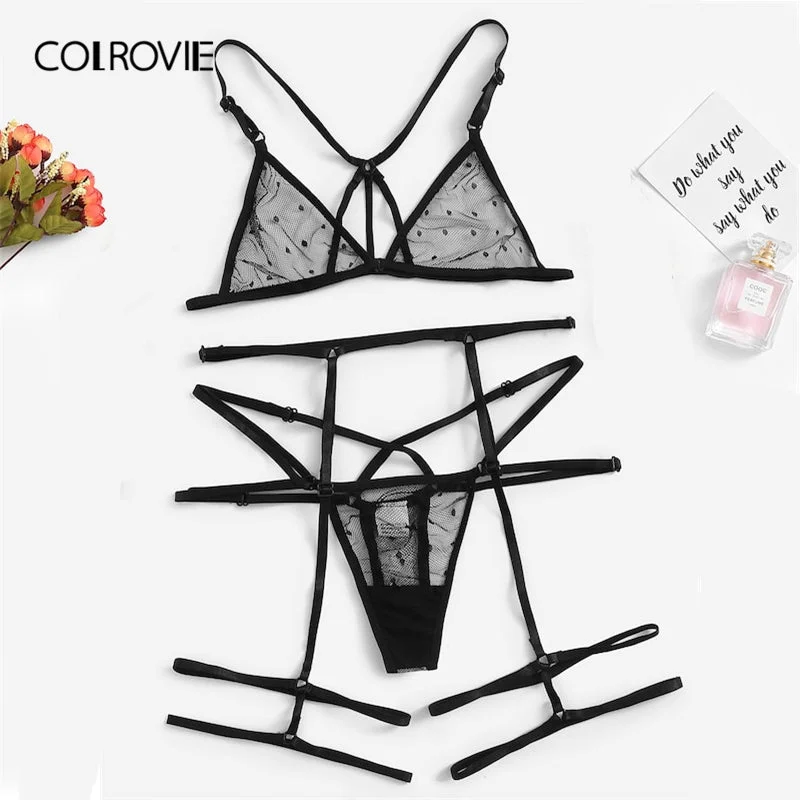 crotchless women sexy lingerieCOLROVIE Black Harness Polka Dot Garter Sexy Women Transparent Lingerie Set 2019 Summer See Through Ladies Bra And Underwear Set