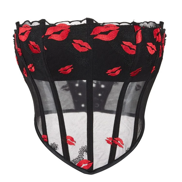 strapless women bustiers and corsets styleWomen's Gothic Lip Printed Mesh Overbust Corset