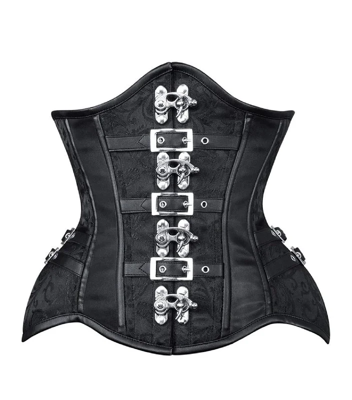 designer women bustiers and corsets collectionsBlack Brocade Cage with C-lock and Faux Leather Corset