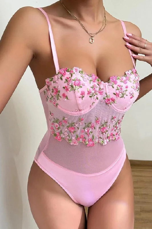 high cut women lingerie for a leg - lengthening effectPink Mesh Teddy with Mesh Floral Embroidery Bustier Top