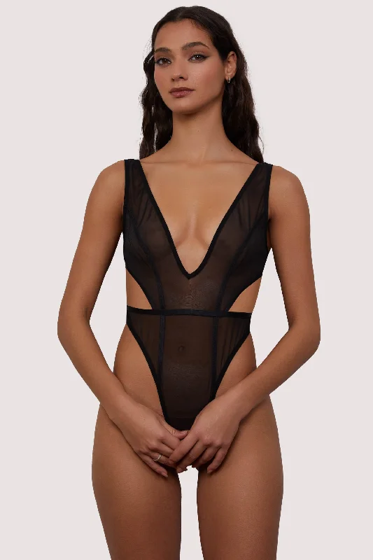 backless bras for revealing outfitsGigi Black Mesh Crotchless Bodysuit