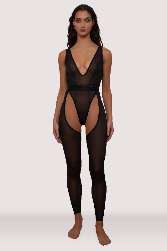 plunge wireless bras for a natural lookGigi Black Mesh Festival Catsuit