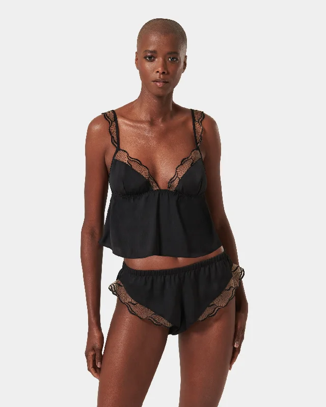 plunge wireless bras for a natural lookMarabel Luxury Satin Cami and Short Set Black/Sheer