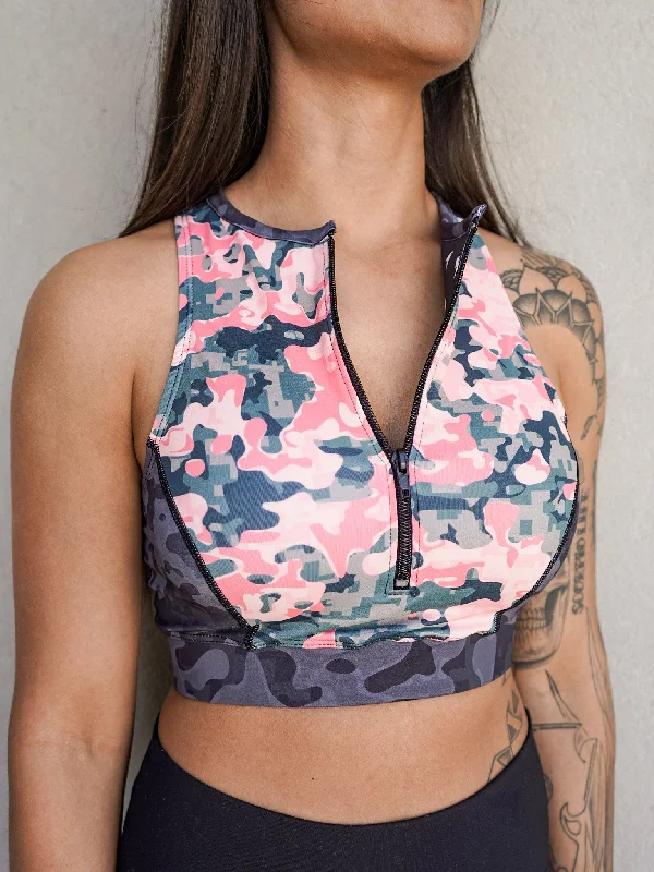 nursing women sport bra for breastfeeding easeCoral Camo Zip Up Sports Bra