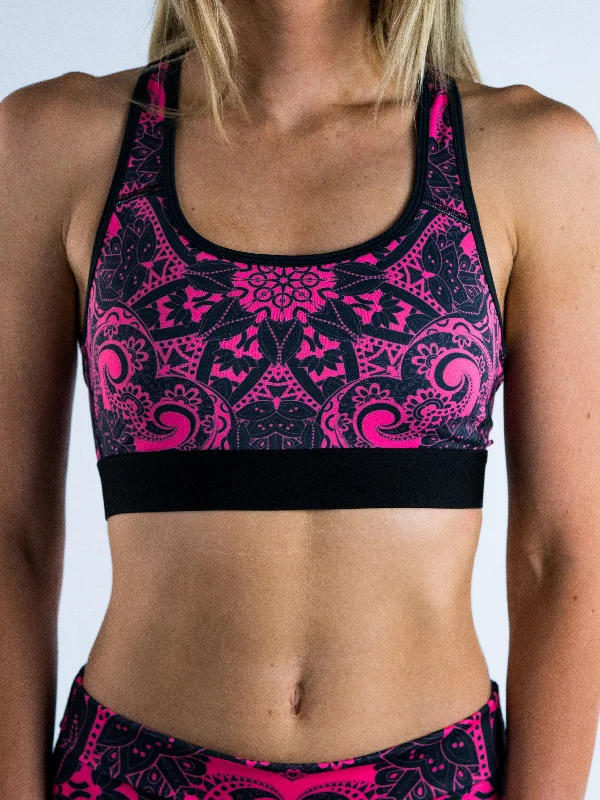 travel women sport bra for easy packingElectro Pink Mandala Sports Bra